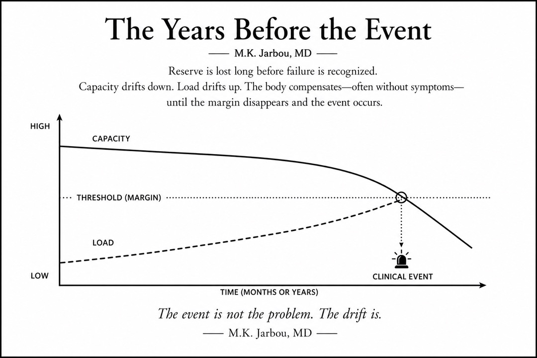The Years Before the Event chart showing capacity declining, load rising, and a clinical event occurring when margin disappears.